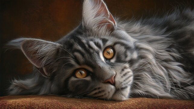 A breathtakingly super realistic close-up portrait of a majestic long-haired cat, such as a silver tabby Maine Coon, resting comfortably on a textured velvet cushion - Powered by Adobe
