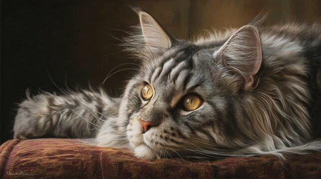 A breathtakingly super realistic close-up portrait of a majestic long-haired cat, such as a silver tabby Maine Coon, resting comfortably on a textured velvet cushion