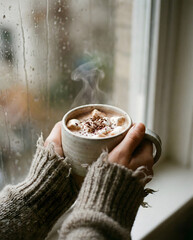 Cozy Hands Holding Hot Chocolate with Marshmallows Against a Rainy Window.
