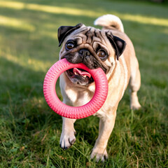 Adorable fawn colored pug dog with wrinkled face joyfully running outdoors holding a pink ring toy in its mouth on a sunny day