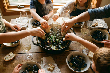Family Dinner Hands Sharing Mussels and Bread from a Cast Iron Pot on a Rustic Table.