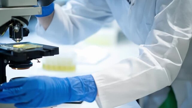 Laboratory technician studying antimony microstructure through advanced microscopy to inspect material consistency in metallurgy research