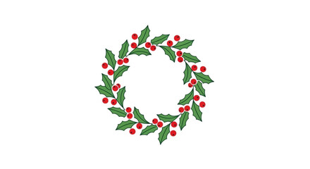 Fototapeta premium Holly wreath illustration with green leaves and red berries, a festive circular border perfect for christmas and holiday designs