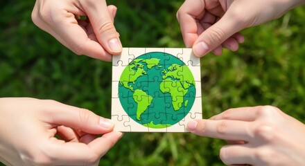 Hands holding puzzle of world map symbolizing global unity and ecology