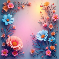 Fototapeta premium Floral border with pink blue orange flowers pink flowers