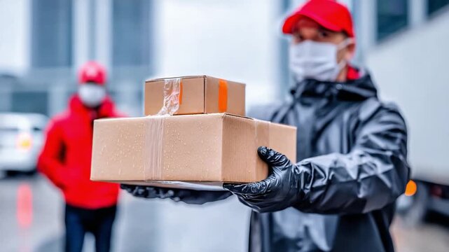 Delivery in Protection: A delivery person, fully masked and gloved, extends packages toward the camera, a clear indication of safety-conscious service amid public health concerns.