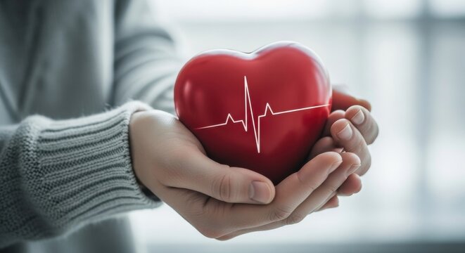 Hands holding red heart symbol health healthcare support cardiology concept