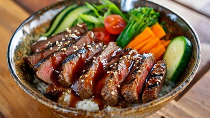 Delicious grilled steak bowl with fresh vegetables, rice, and savory sauce on a wooden background for Asian culinary inspiration