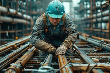 Worker arranges steel rebar at construction site during overcast day in urban area