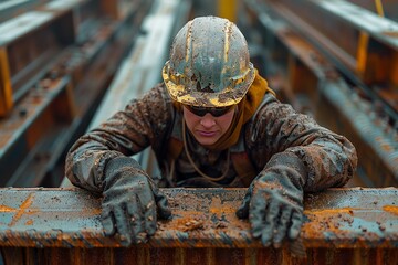 Construction worker focused on safety while working on a rainy day at a construction site