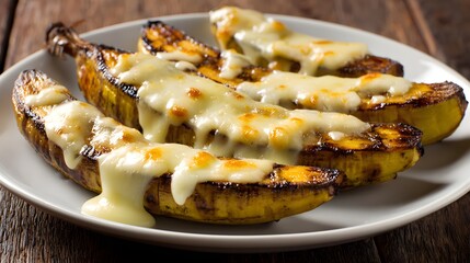 Roasted ripe plantains generously covered with melted white cheese served on a white plate