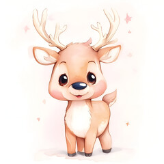 Full Body Watercolor Baby Reindeer Illustration - Cute Woodland Fawn with Antlers and Big Eyes