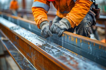 Skilled worker installing metal beams at a construction site during daytime