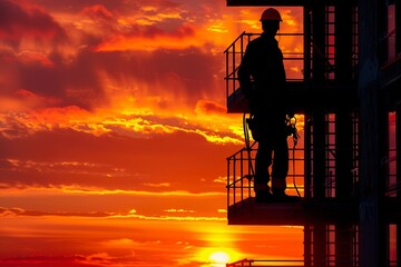 Construction worker silhouetted against a vibrant sunset over a building site