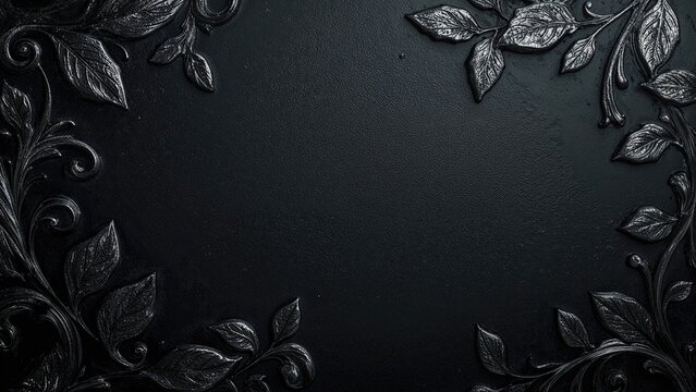 Dark black background with intricate black leaves and foliage border design. Elegant, ornate, decorative pattern. Artistic and sophisticated aesthetic.