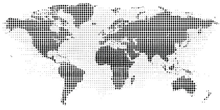 Czarno-biała mapa świata w stylu punktowym, wektorowa grafika tła symbolizująca globalizację i technologię.