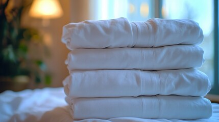 A tidy stack of precisely folded clean white cotton sheets resting on a surface with a soft blurred background
