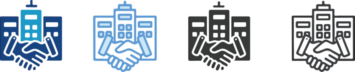 Real estate deal icons depict corporate handshake agreement for property investment and business partnership, symbolizing trust and successful acquisitions
