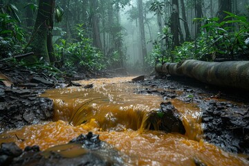 Autumn stream flowing through dense rainforest with rich greenery and mist in the early morning light
