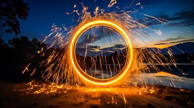 Fiery Portal: Steel Wool Spinning Creates a Circle of Sparks at Dusk by a Lake