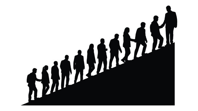 Silhouettes of people climbing together isolated on white background, Vector