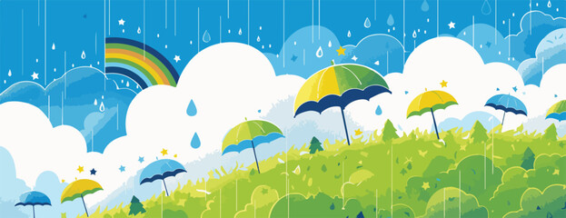 Wektorowa ilustracja deszczowego krajobrazu z kolorowymi parasolami, padającym deszczem i tęczą na tle błękitnego nieba i chmur, symbolizująca wiosnę.