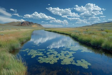 Expansive landscape with serene water reflecting clouds and lush greenery during mid-afternoon in a remote location