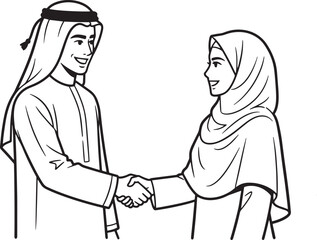 Arab man and woman in hijab handshake line art isolated on a white background. Deal, greeting.