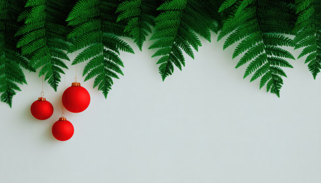 Festive Christmas fern border with red bauble ornaments creating cheerful holiday scene