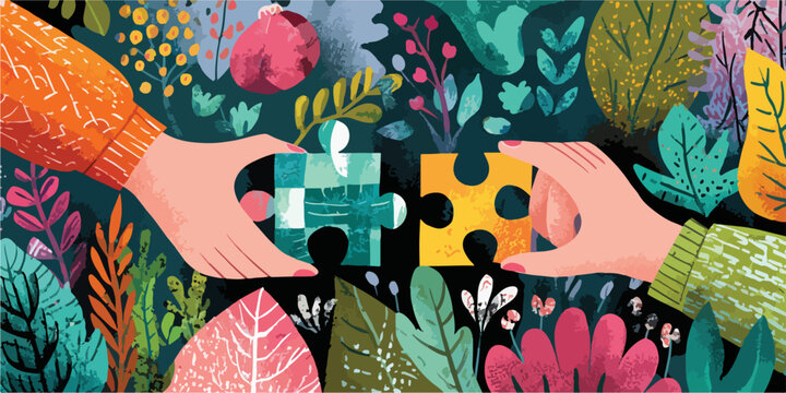 Wektorowa ilustracja przedstawiająca ręce łączące barwne elementy układanki na tle bujnej roślinności, symbolizująca wsp&oacute;łpracę, jedność i harmonię.