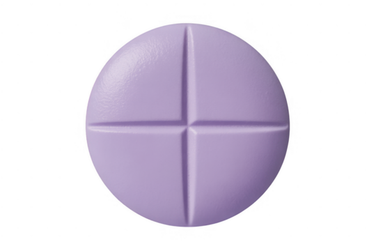 Round purple pill with cross imprint isolated on a transparent background