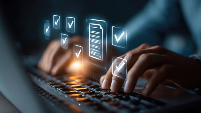 Hands type on laptop keyboard while glowing checkmark icons and document interface float nearby, representing digital task completion, tech workflow and efficient business process