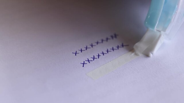 Correction tape covering blue pen marks on paper, representing editing, fixing mistakes, and document accuracy