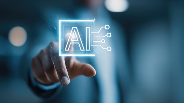 Businessman’s finger touches glowing AI icon (adorned with circuit details) against blurred professional background, embodying tech, innovation and digital advancement in modern business setting
