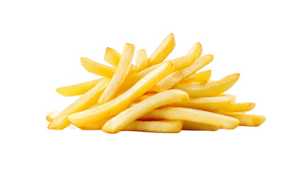 Crispy golden french fries stacked in pile, isolated on transparency background, showing delicious and appetizing fast food snack, perfect for lunch or dinner enjoyment