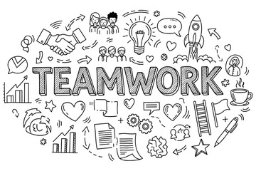 Teamwork concept with doodles of collaboration, innovation, and communication