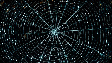 Fototapeta premium A spider web close-up showing intricate details of the web structure with dew droplets, dark background.