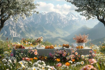 Vibrant picnic set among blooming flowers with mountains in the background during sunny afternoon