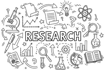 Scientific research concepts: diagrams of chemistry, physics, and discovery tools