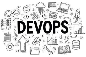 Devops concept with cloud computing and data analysis icons in doodle art style
