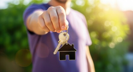 Man holding house keys with a house shaped keyring outdoors