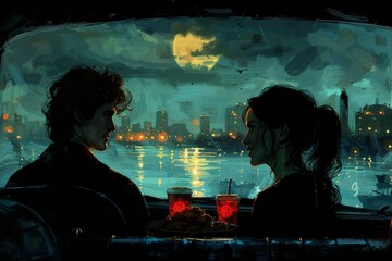 Couple enjoying a nighttime view over the city skyline from a car