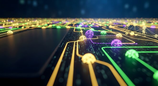 Interconnected pathways of light A mesmerizing digital landscape with glowing spheres of energy flow. - Powered by Adobe