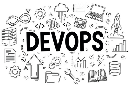 Devops concept with cloud computing and data analysis icons in doodle art style
