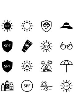 set of Sun Protection icons,
Sun Protection Icon Set,
Minimalist Black SPF, Sunscreen & UV Safety Symbols