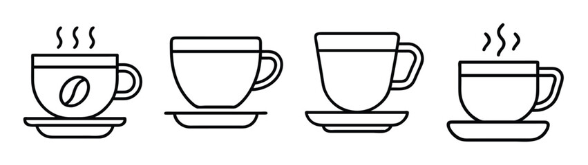 Black and white line art illustration of coffee cups and mugs for cafe menu design and branding use