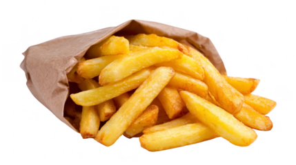 Crispy golden french fries spilling from brown paper bag, delicious and hot, perfect for snack or side dish, evoking comfort and satisfaction