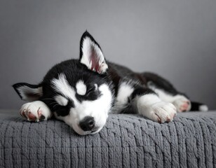 Fototapeta premium Adorable Husky Puppy Sleeping Peacefully on a Soft Cushion.