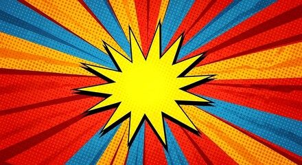 Explosion comic book style background with yellow starburst and halftone dots, vibrant retro pop art