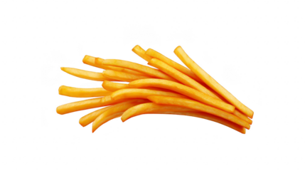 Crispy golden french fries arranged in pile, isolated on transparency background, showcasing delicious fast food snack with tempting and appetizing appearance
